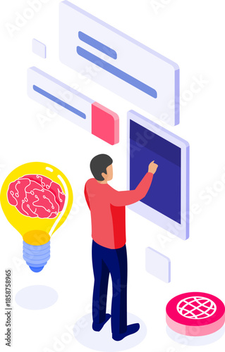 Innovative idea conceptualization with brain in a lightbulb and digital interface interaction
