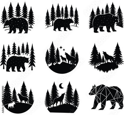 Wildlife Silhouettes Bear Wolf Forest Geometric Vector Illustration