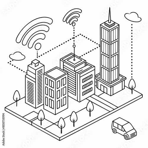 Modern cityscape with wireless connectivity