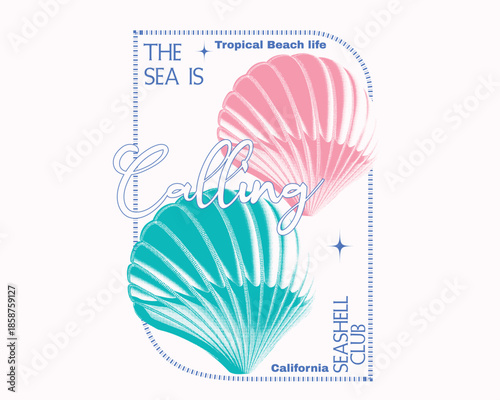 Seashell Graphics in vintage. summer women's tee shirt design. Seashell vector art. girls print design. summer artwork.