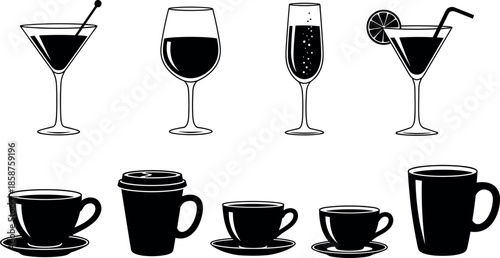 Collection of alcoholic and nonalcoholic beverage icons including wine glasses cocktails martini flutes coffee cups mugs and tea set silhouettes.