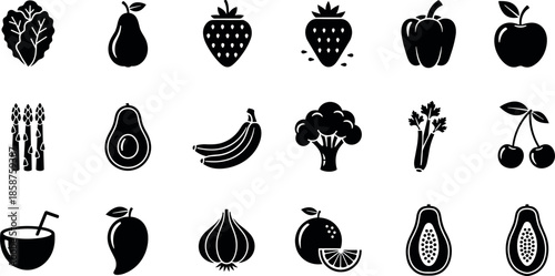Collection of minimalist black fruit and vegetable icons including organic berries greens and tropical produce for healthy lifestyle web design