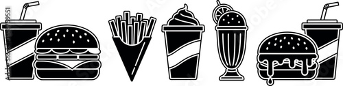 Fast Food Icons Set Featuring Burger Cheeseburger French Fries Soda Soft Drink Milkshake and Ice Cream Dessert Vector Silhouette Illustration