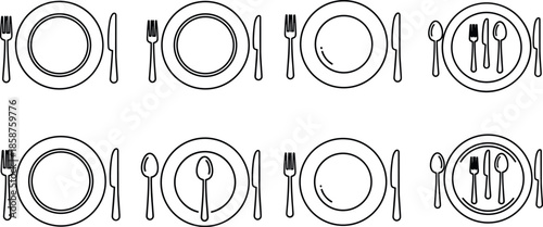 Minimalist Dinner Place Setting Icons Set with Plates Forks Knives and Spoons for Restaurant Menu Design Table Etiquette and Catering