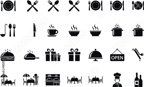 Restaurant and Dining Icon Set Featuring Cutlery Food Service Kitchen Utensils Cooking Symbols Cafe Signage and Professional Chef Vector Illustrations