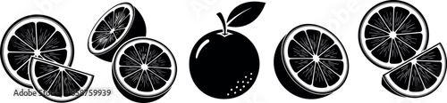 Set of black and white citrus fruit vector icons including whole orange with leaf and various sliced lemon lime pieces