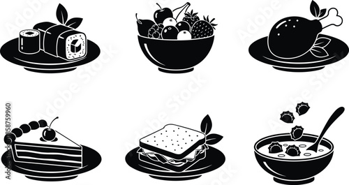 Set of Black and White Minimalist Food Icons Including Sushi Fruit Bowl Chicken Leg Cake Slice Sandwich and Soup Vector