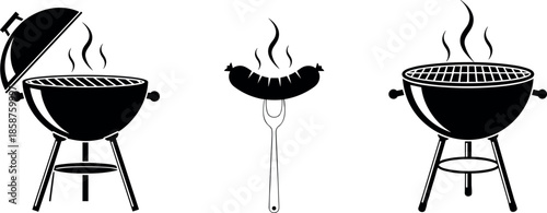 Set of black silhouette barbecue grill icons with steaming sausage on a fork for summer cookout and garden party design