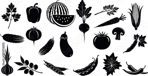 Set of Fresh Garden Vegetable Silhouette Icons Including Tomato Carrot Corn Eggplant and Onion Isolated On White Background For Healthy Design