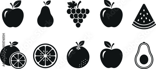 Set of fresh organic fruit icons including apple pear grape watermelon orange citrus slice and avocado flat vector black silhouettes