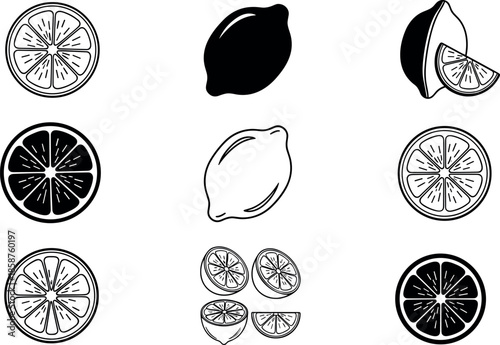 Set of hand drawn citrus lemon line art icons featuring whole fruit lime slices and organic lemon wedges for graphic design