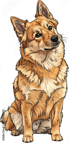 Norwegian Buhund dog sitting tilting head cute curious pose