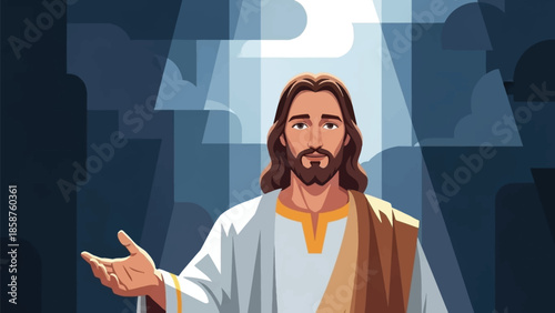 Jesus Christ with outstretched hand in white robe with golden accents