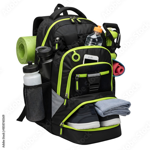 Black and neon green backpack with various outdoor gear