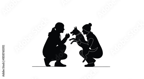 Two people interacting with a dog in a silhouetted outdoor setting