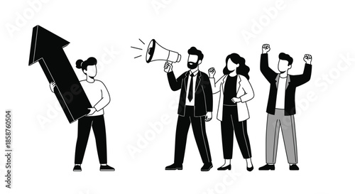 Business growth and success team celebrating achievement with upward arrow