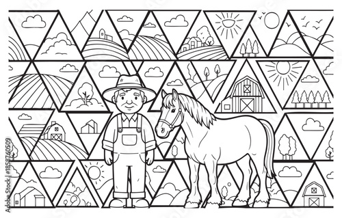 Farmer standing next to horse in a countryside coloring page  