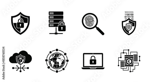 Cybersecurity icons depicting data protection network security and digital privacy