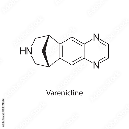 Varenicline molecule chemical structure – nicotinic acetylcholine receptor partial agonist drug used for smoking cessation, skeletal formula on white