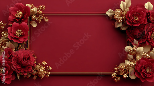 Luxury chinese background festive oriental background red flower frame with gold leaf decoration elegant floral border for celebration greeting card or wedding invitation design