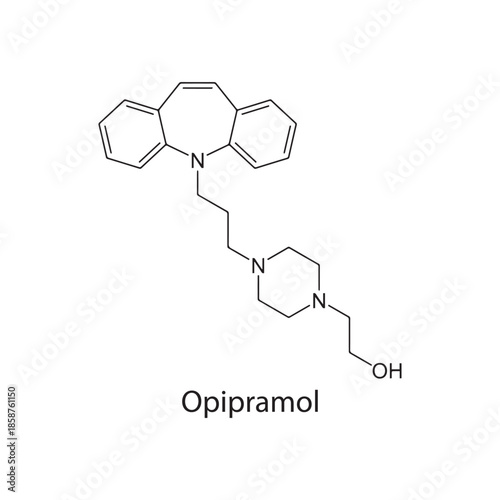 Opipramol molecule chemical structure – tricyclic antidepressant and anxiolytic drug used for anxiety disorders, skeletal formula