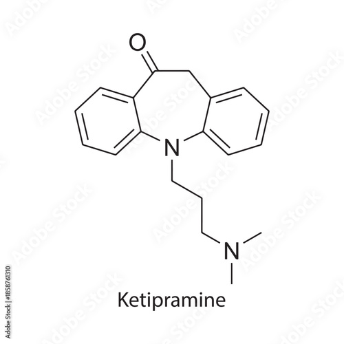 Ketipramine molecule chemical structure – tricyclic antidepressant drug investigated for mood disorders, skeletal chemical formula