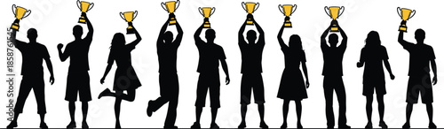 Silhouette group of diverse winners holding trophies celebrating success, teamwork, achievement, competition victory, leadership, and motivation concept illustration