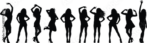 Silhouette group of fashionable women posing confidently in studio, modern fashion concept showcasing elegance, diversity, style, femininity, and creative modeling