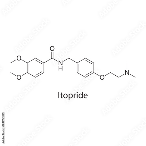 Itopride molecule chemical structure – dopamine antagonist prokinetic drug used for gastrointestinal disorders, skeletal formula on white background