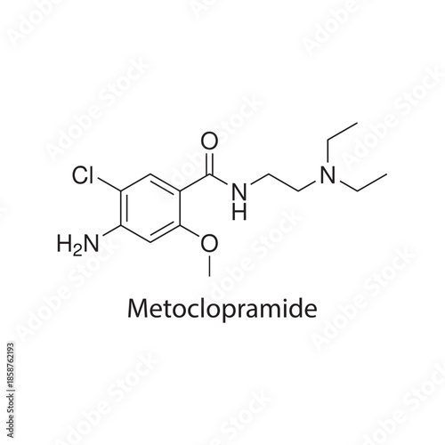 Metoclopramide molecule chemical structure – dopamine antagonist antiemetic drug used for nausea and gastric motility, skeletal formula on white background