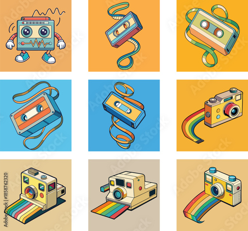 Retro Camera and Cassette Tape Cartoon Vector Illustrations