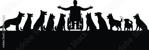 Silhouette of wheelchair user with open arms surrounded by loyal dogs symbolizing companionship, inclusivity, disability awareness, animal friendship, and emotional support