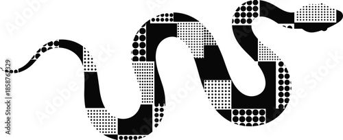 Black and white snake vector illustration with geometric polka dot pattern isolated on white background, modern reptilian silhouette for creative graphic design.