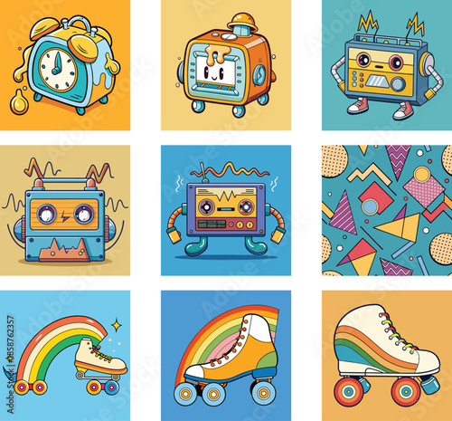 Retro Cartoon Radio and Roller Skate Vector Illustrations Set