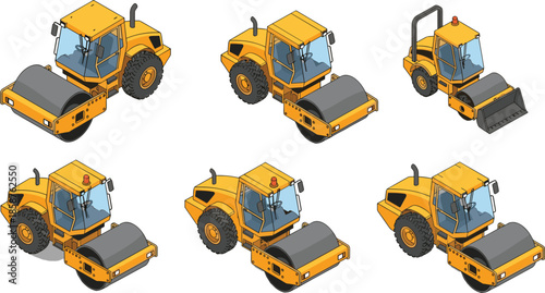 Road roller vehicles, construction machinery, heavy compactor equipment, industrial rollers, soil compaction machines, building site tools, engineering vehicles collection