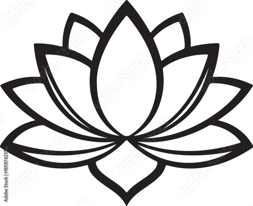 Black and white line of a stylized lotus flower with eight petals and a central bud also transparent background