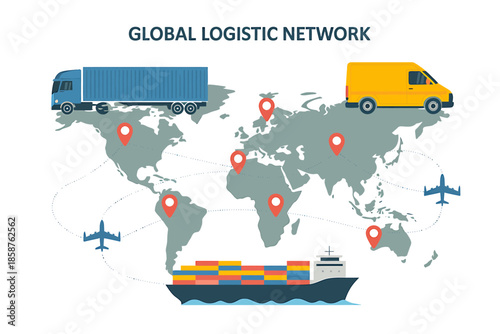 Global Logistic Network with Trucks Vans and Ships