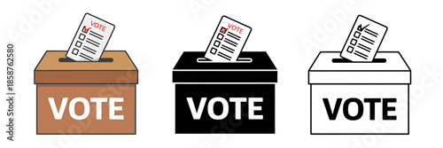 Three voting boxes with ballots in various colors