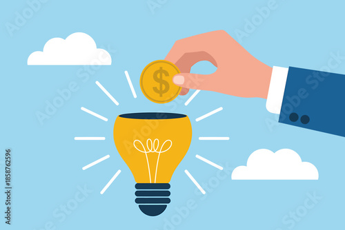 Business hand placing coin into light bulb idea jar