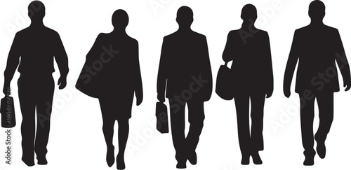 Five black silhouettes of people walking with bags and briefcases in a line also transparent background