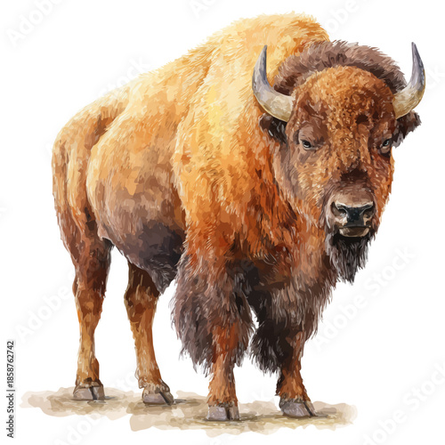Watercolor isometric vector-style illustration of Bison, isolated on white background.