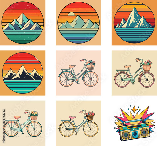 Retro Style Mountain Landscapes, Bicycles, and Boombox Vector Illustration