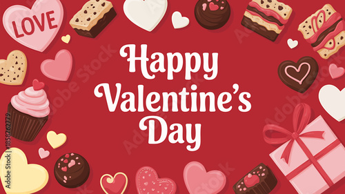 Happy Valentines Day Card with Sweet Treats and Hearts