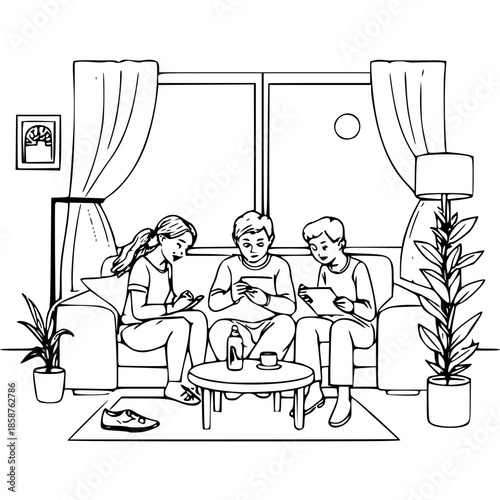 Modern vector illustration of a family evening routine with shared digital and offline activities, depicting quality time, home interaction, blended tech and traditional leisure, cozy lifestyle, paren