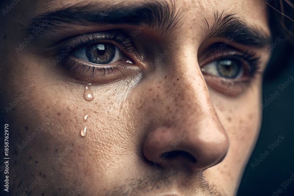 Fototapeta premium Tears of Reflection: A close-up view capturing the raw emotion of a person's tearful moment. The glistening teardrops cascade down their face.