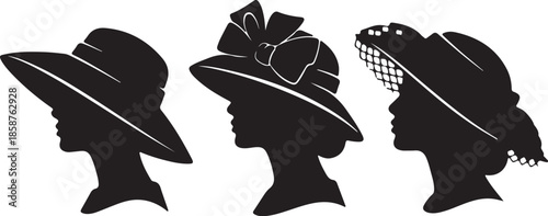 Three Black Silhouettes of Women Wearing Different Hats and Headpieces also transparent background white