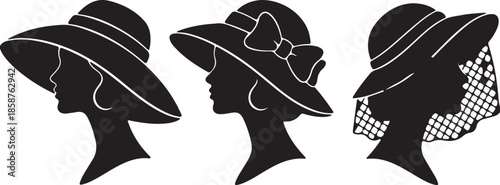 Three Black Silhouettes of Women Wearing Different Hats and Headwear also transparent background white