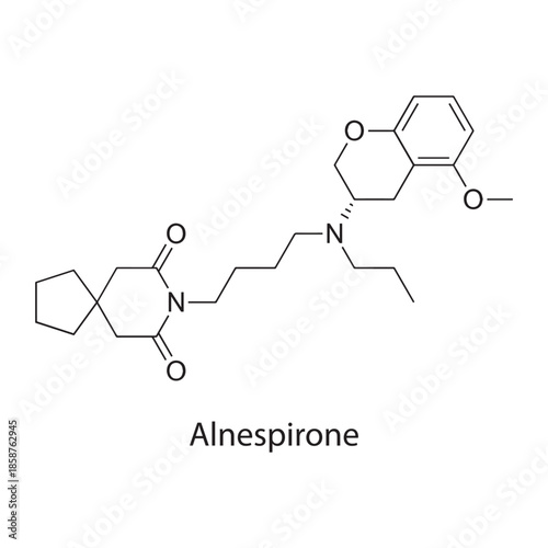 Alnespirone molecule chemical structure – serotonin 5-HT1A agonist anxiolytic drug, azapirone class psychiatric compound, skeletal formula on white