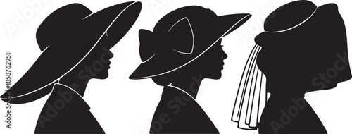 Three Silhouettes of Women Wearing Different Hats and Headwear also transparent background black