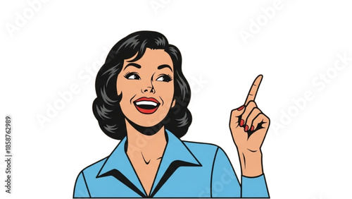 A cartoon woman pointing upwards with a friendly smile in a professional setting